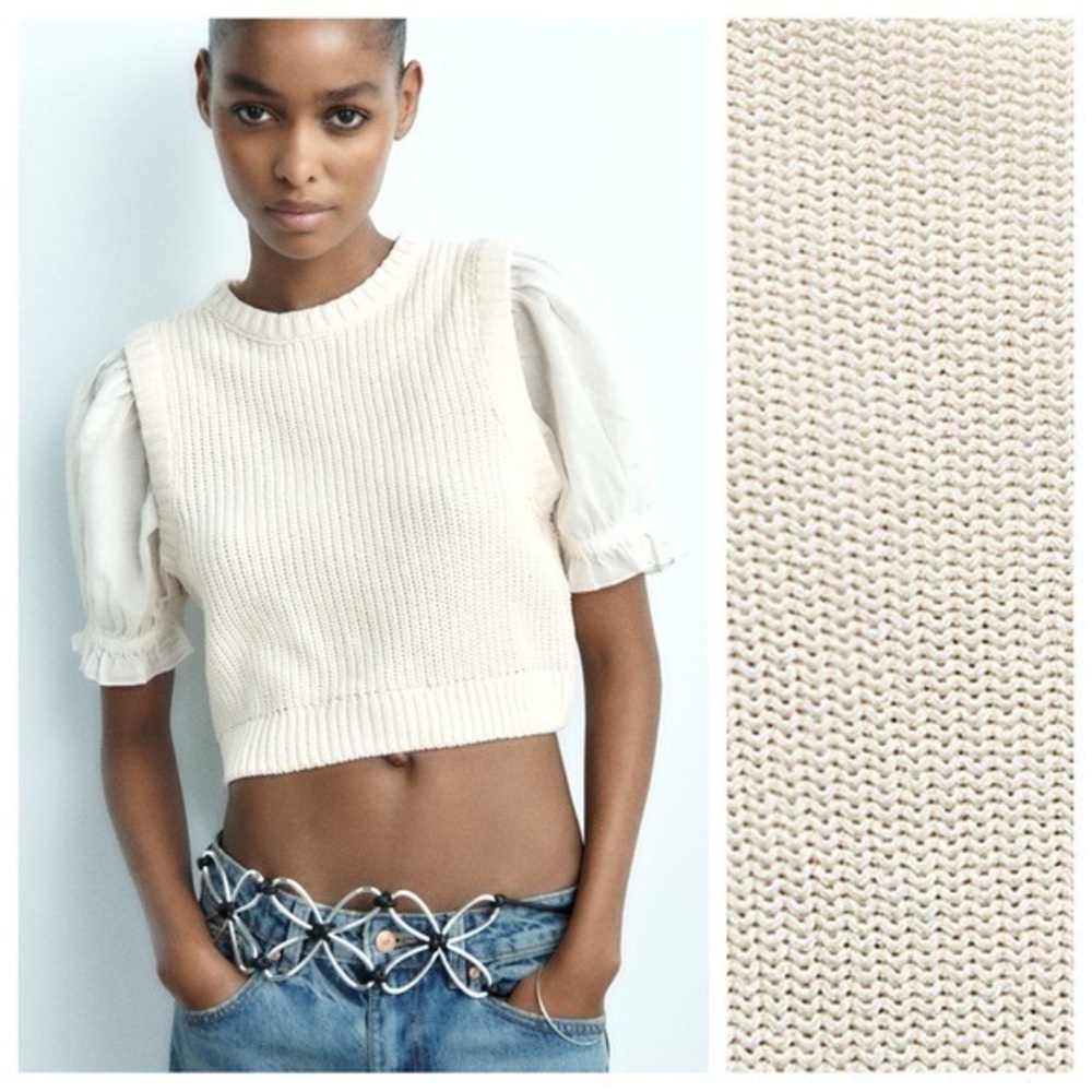 Zara Cream Cotton Blend Mixed Knit Top Size Medium